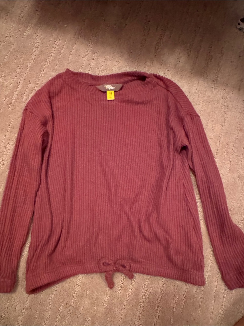 Girls' Ribbed Crewneck Sweater with Hem Tie in Dusty Rose